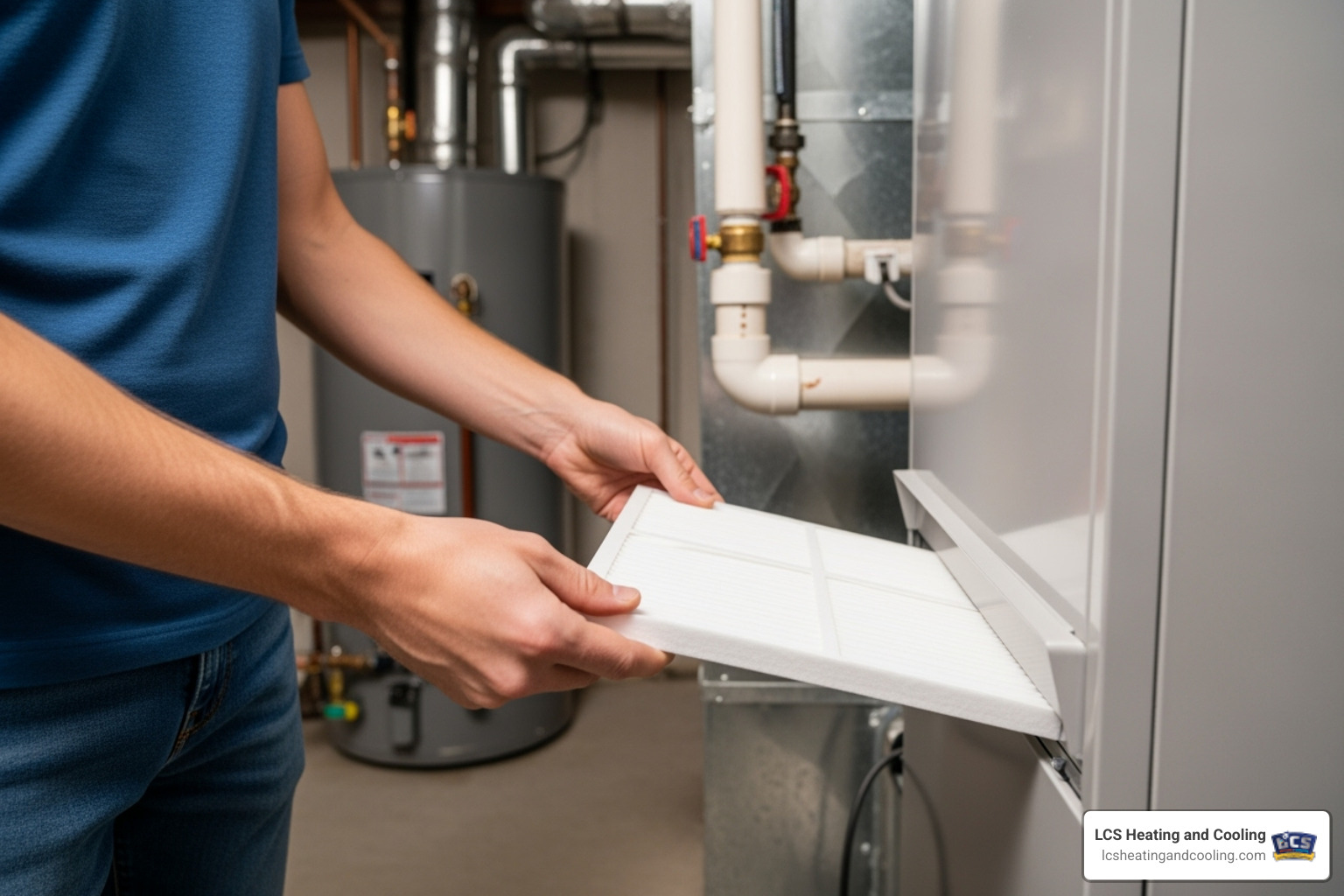 homeowner easily sliding a new clean filter into their HVAC unit - dirty air duct symptoms