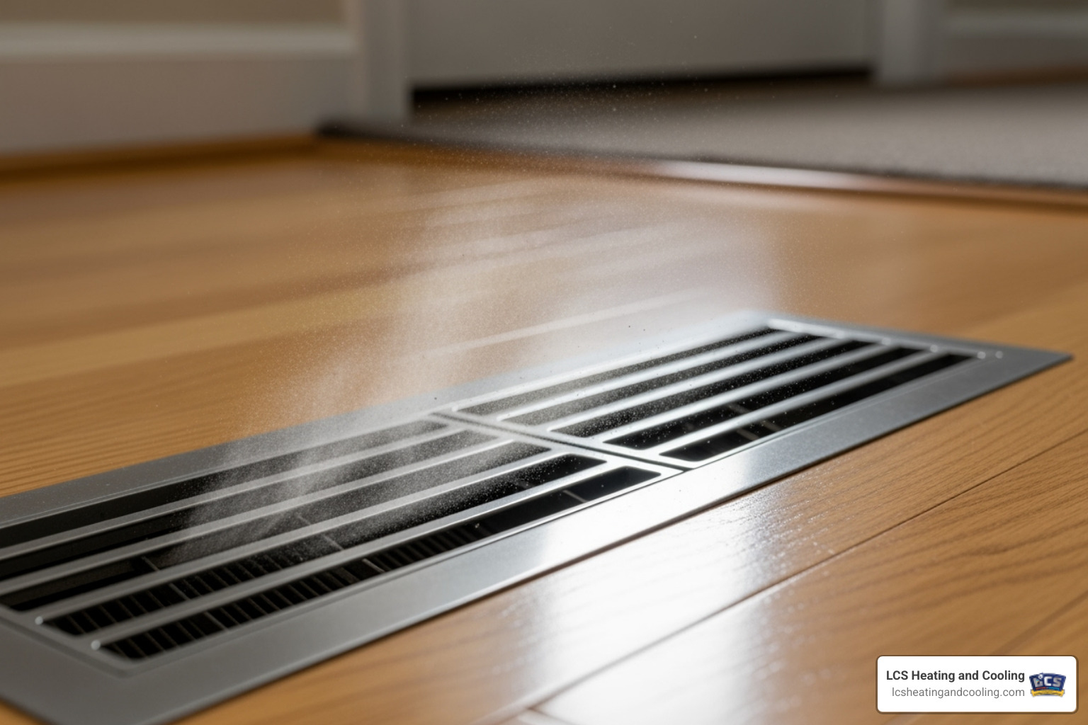 dust puffing out of a floor vent as the HVAC system kicks on - dirty air duct symptoms