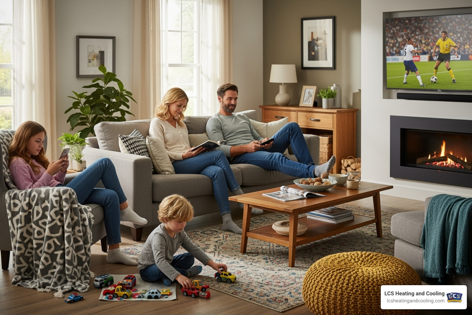 family comfortably relaxing in their living room - heat pump SEER rating family comfortably relaxing in their living room - heat pump SEER rating