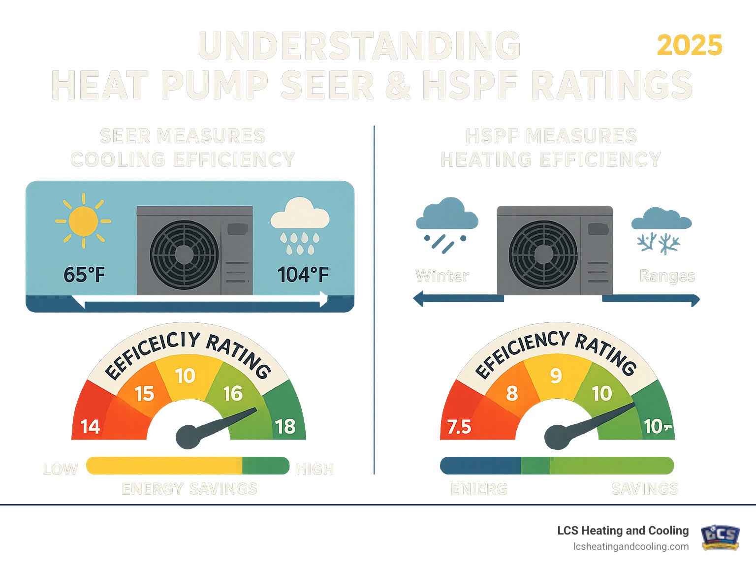 Infographic showing SEER measuring cooling efficiency from 65°F to 104°F outdoor temperatures, while HSPF measures heating efficiency across winter temperature ranges, with efficiency ratings scales and energy savings comparisons - heat pump SEER rating infographic Infographic showing SEER measuring cooling efficiency from 65°F to 104°F outdoor temperatures, while HSPF measures heating efficiency across winter temperature ranges, with efficiency ratings scales and energy savings comparisons - heat pump SEER rating infographic