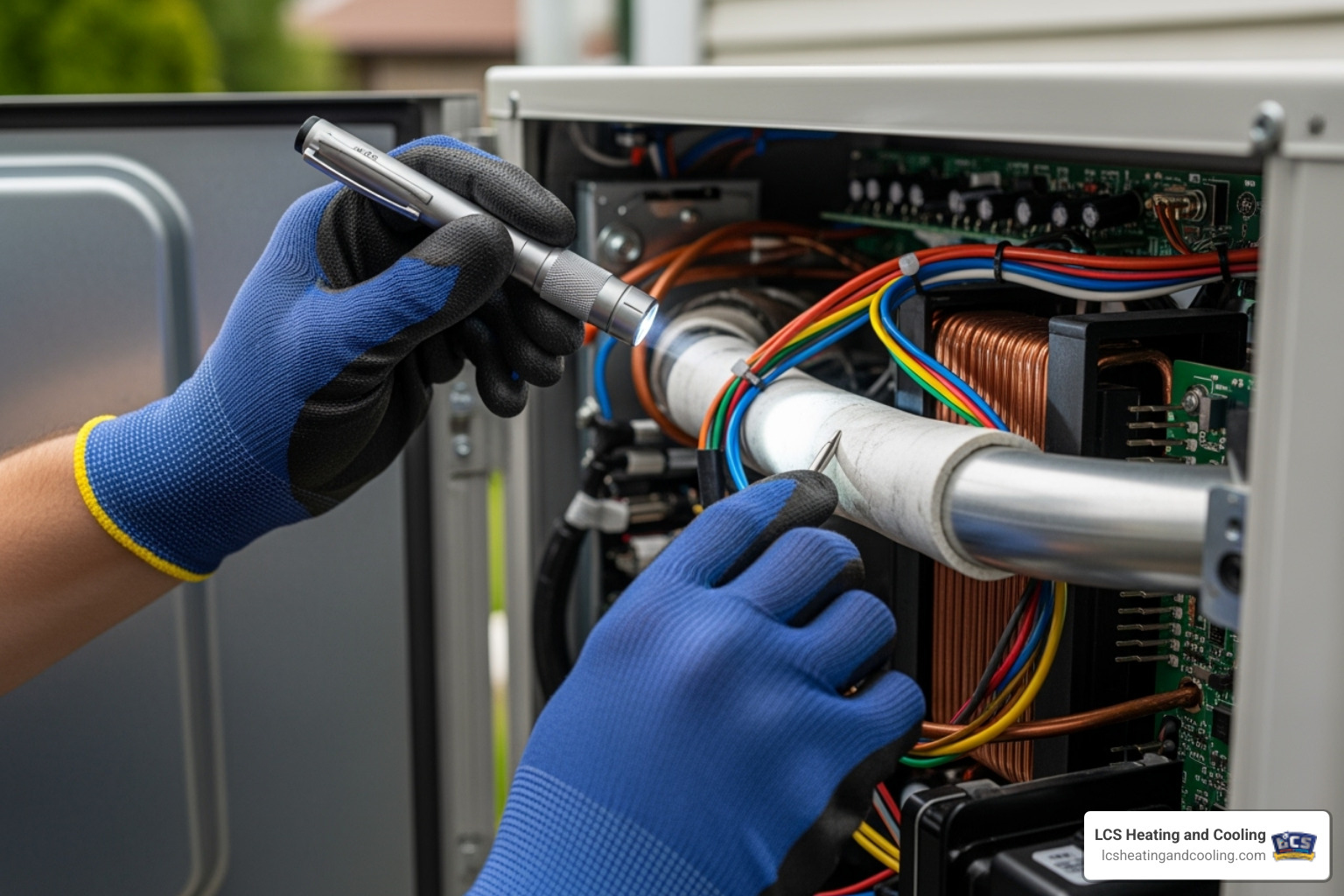 technician's hands carefully inspecting the internal components of an outdoor heat pump unit - heat pump repair