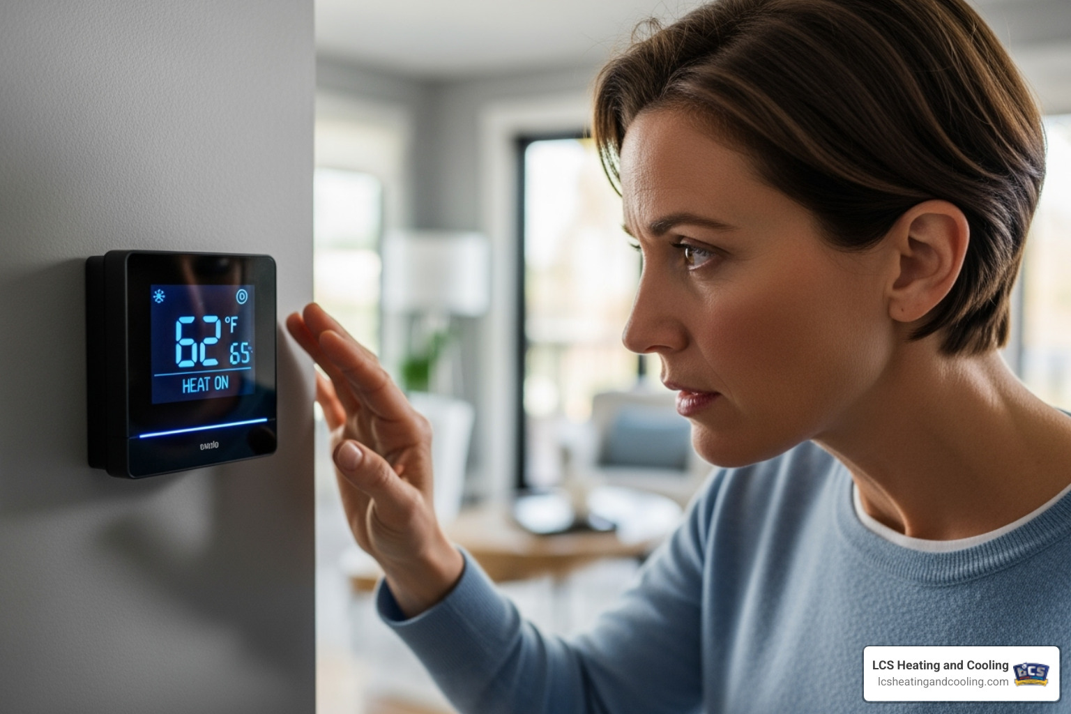 homeowner looking at their thermostat with a concerned expression - heat pump repair