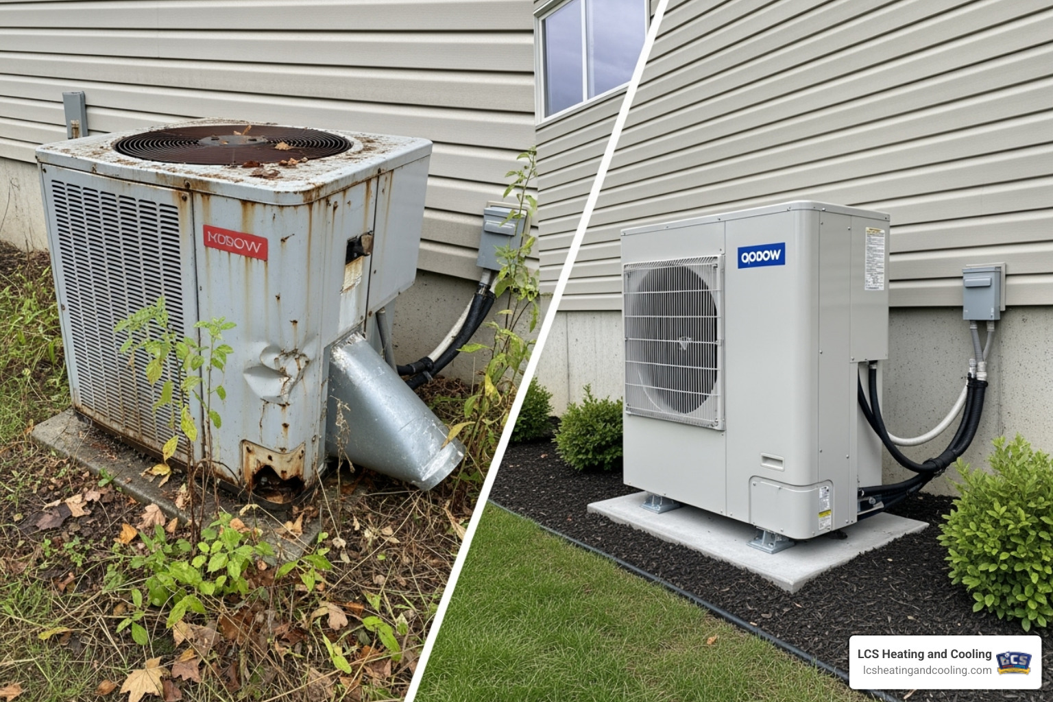 split image showing an old, worn-out heat pump on one side and a new, modern heat pump on the other - heat pump repair