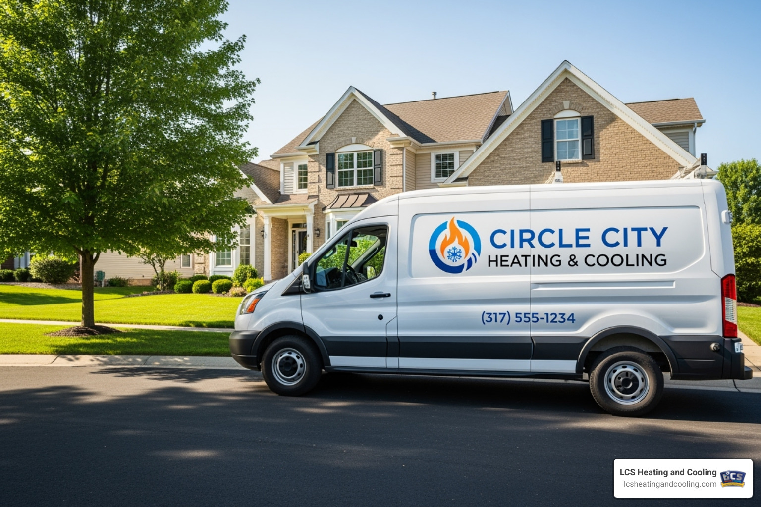 LCS Heating and Cooling branded service van in front of a suburban Indianapolis home - hvac contractors indianapolis LCS Heating and Cooling branded service van in front of a suburban Indianapolis home - hvac contractors indianapolis