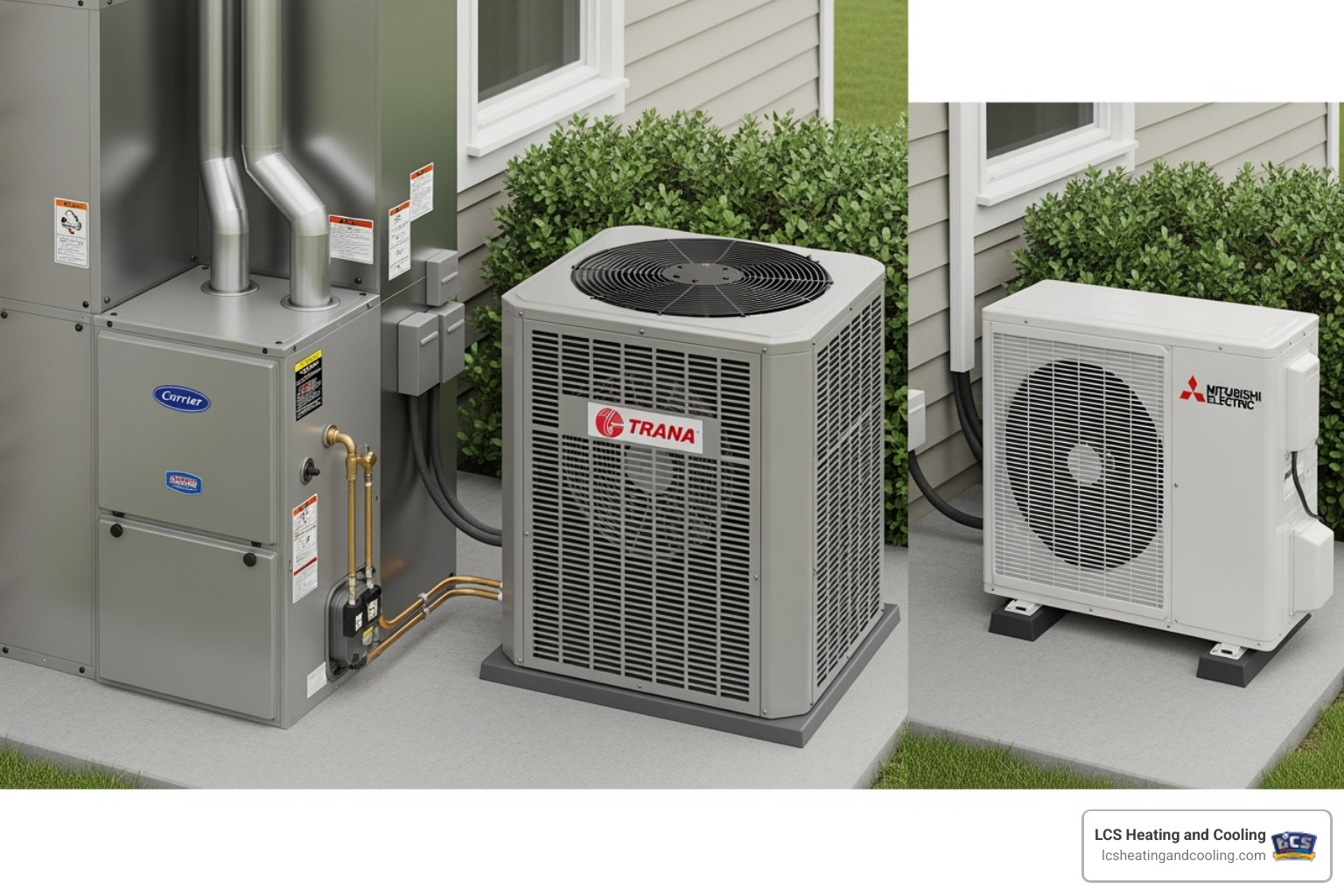 Different HVAC units like a furnace, an outdoor AC unit, and a ductless mini-split - HVAC Carmel Indiana Different HVAC units like a furnace, an outdoor AC unit, and a ductless mini-split - HVAC Carmel Indiana