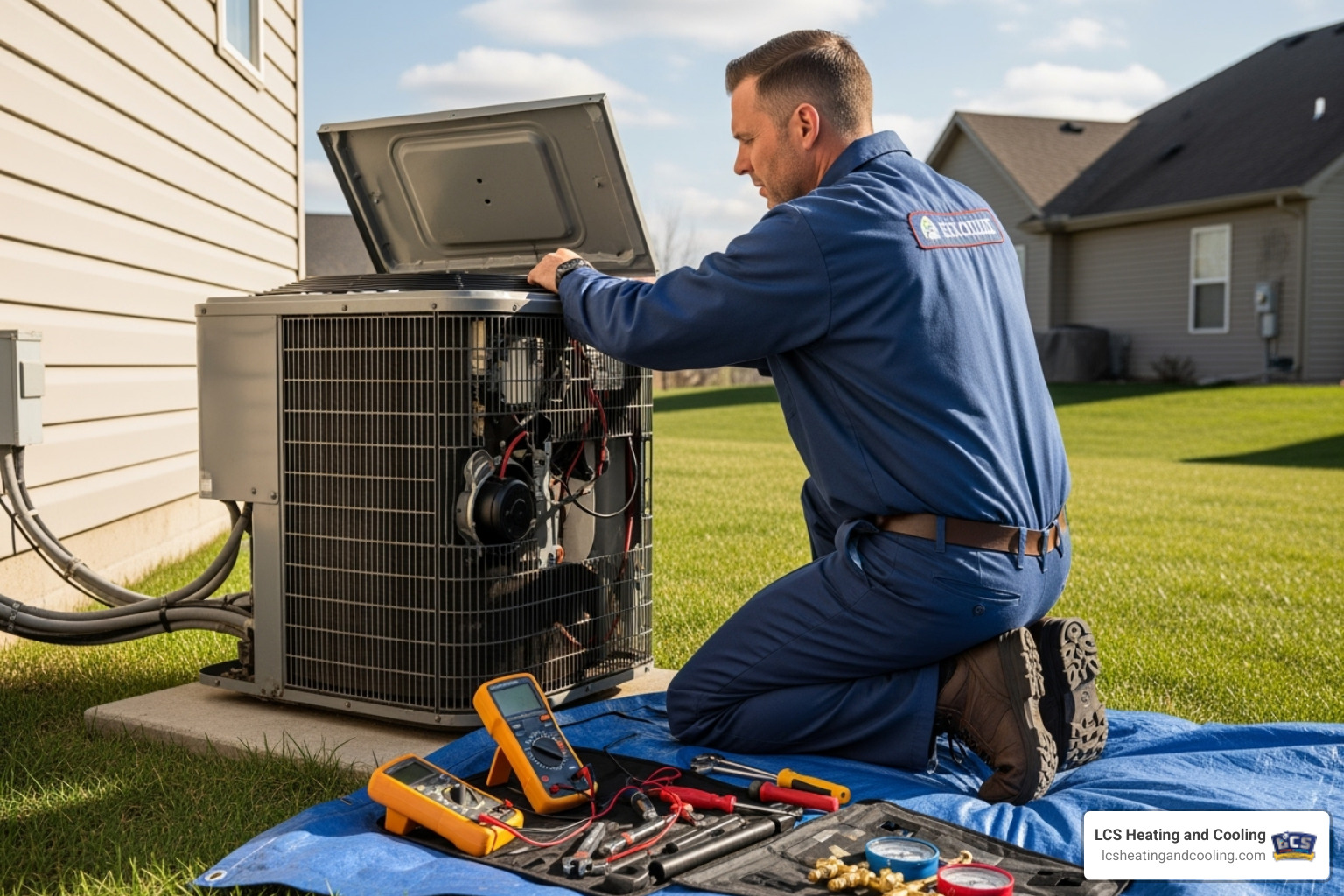 A professional technician servicing an outdoor air conditioning unit - HVAC Carmel Indiana A professional technician servicing an outdoor air conditioning unit - HVAC Carmel Indiana