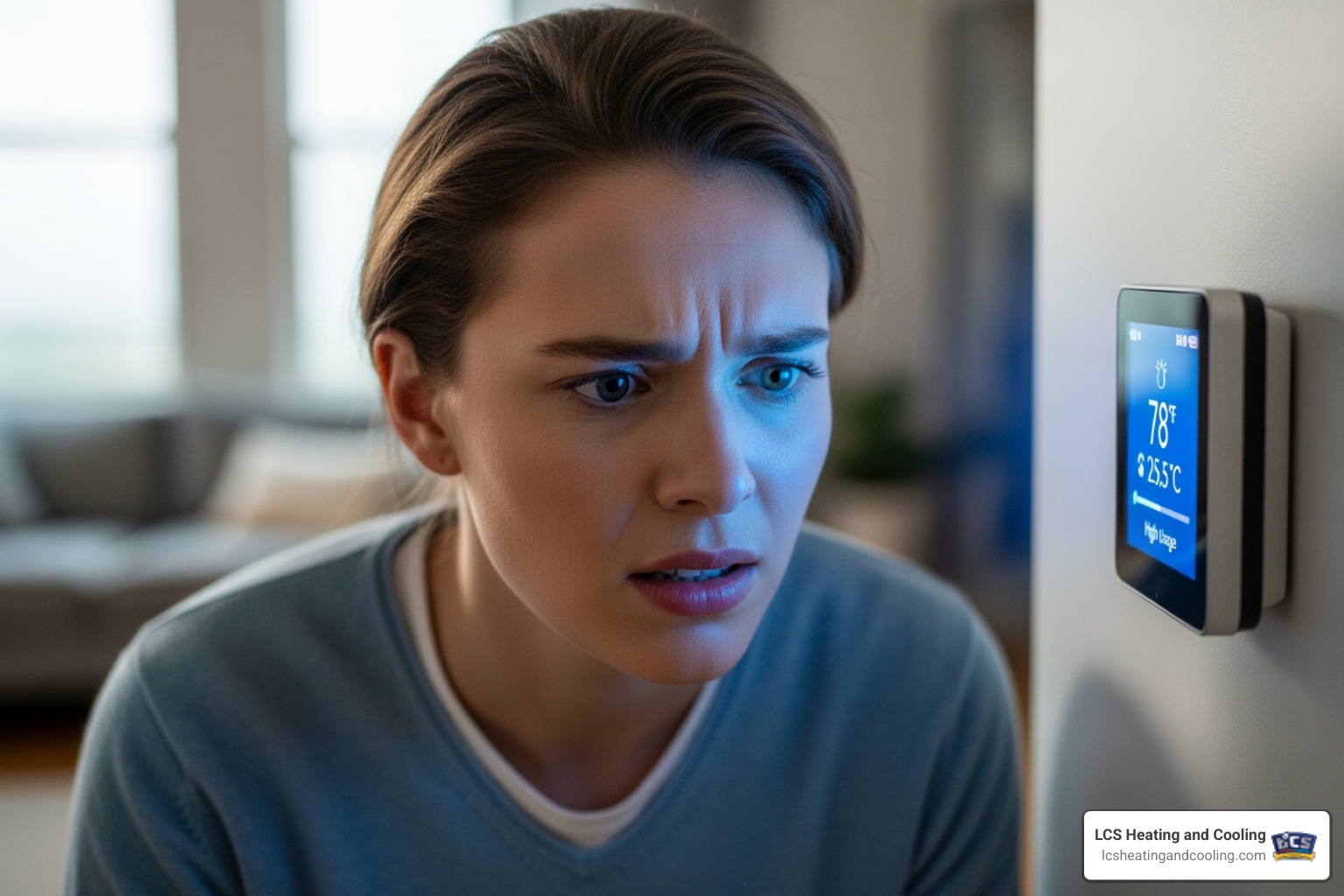 A homeowner looking at their thermostat with a concerned expression - HVAC Carmel Indiana A homeowner looking at their thermostat with a concerned expression - HVAC Carmel Indiana