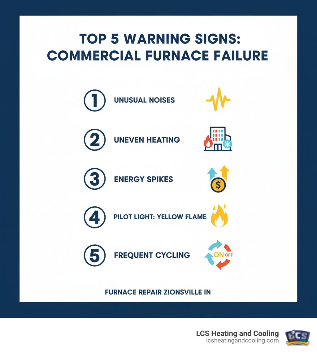 Infographic showing the top 5 warning signs a commercial furnace is failing: 1) Unusual grinding or squealing noises from the unit, 2) Uneven heating throughout the building with cold spots, 3) Sudden spikes in energy bills indicating inefficiency, 4) Yellow or flickering pilot light instead of steady blue flame, 5) Frequent on-off cycling without reaching set temperature - Furnace repair Zionsville IN infographic 