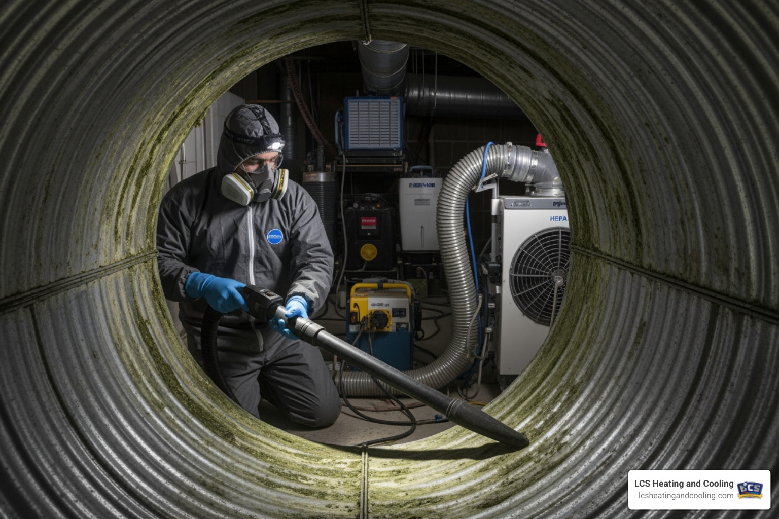 A professional technician carefully using a HEPA vacuum attachment to clean the interior of an air duct, emphasizing the specialized equipment used in mold remediation - mold in ducts