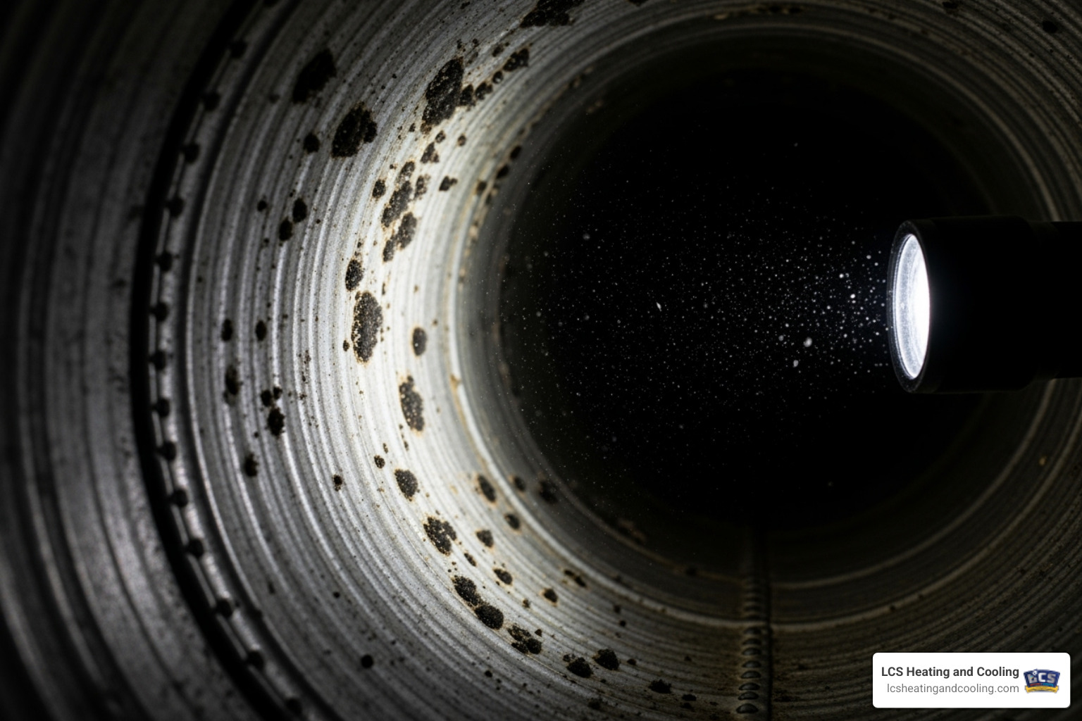 A flashlight shining into a dark air duct, revealing small, scattered specks of black mold growing on the interior surface - mold in ducts