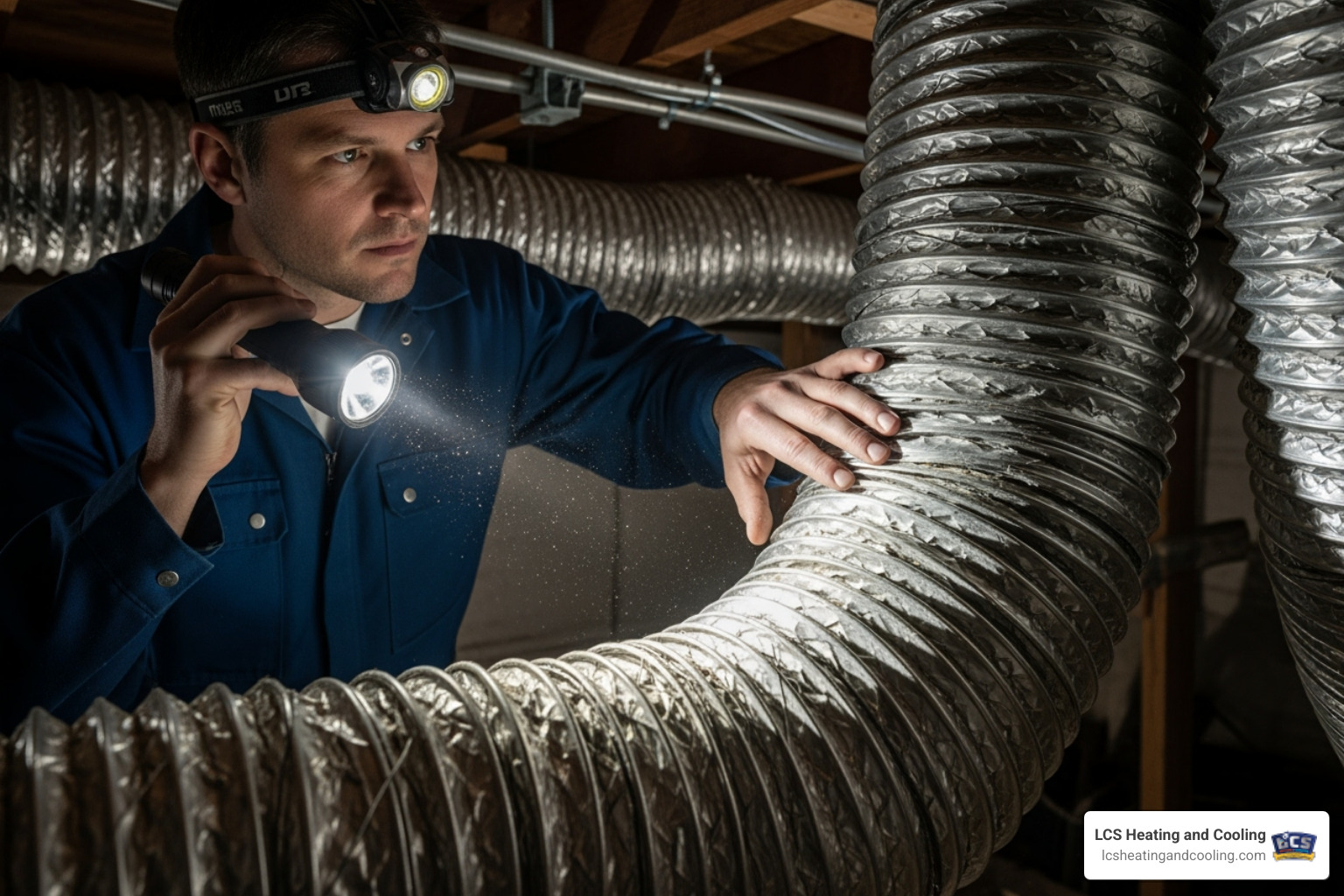 A professional technician inspecting a section of flexible ductwork, shining a light inside to check for contamination or damage - mold in ducts