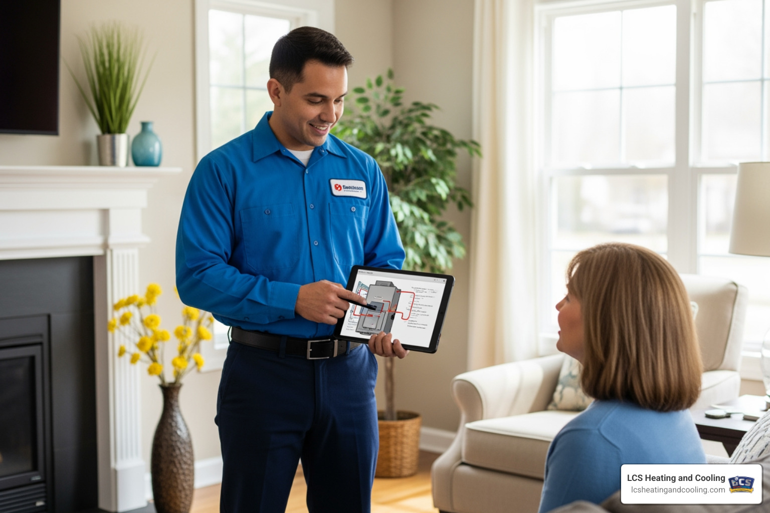 A friendly, professional technician explaining a diagnostic on a tablet to a homeowner - "My furnace is broken in Fishers, IN. Who are the best companies for furnace repair?"