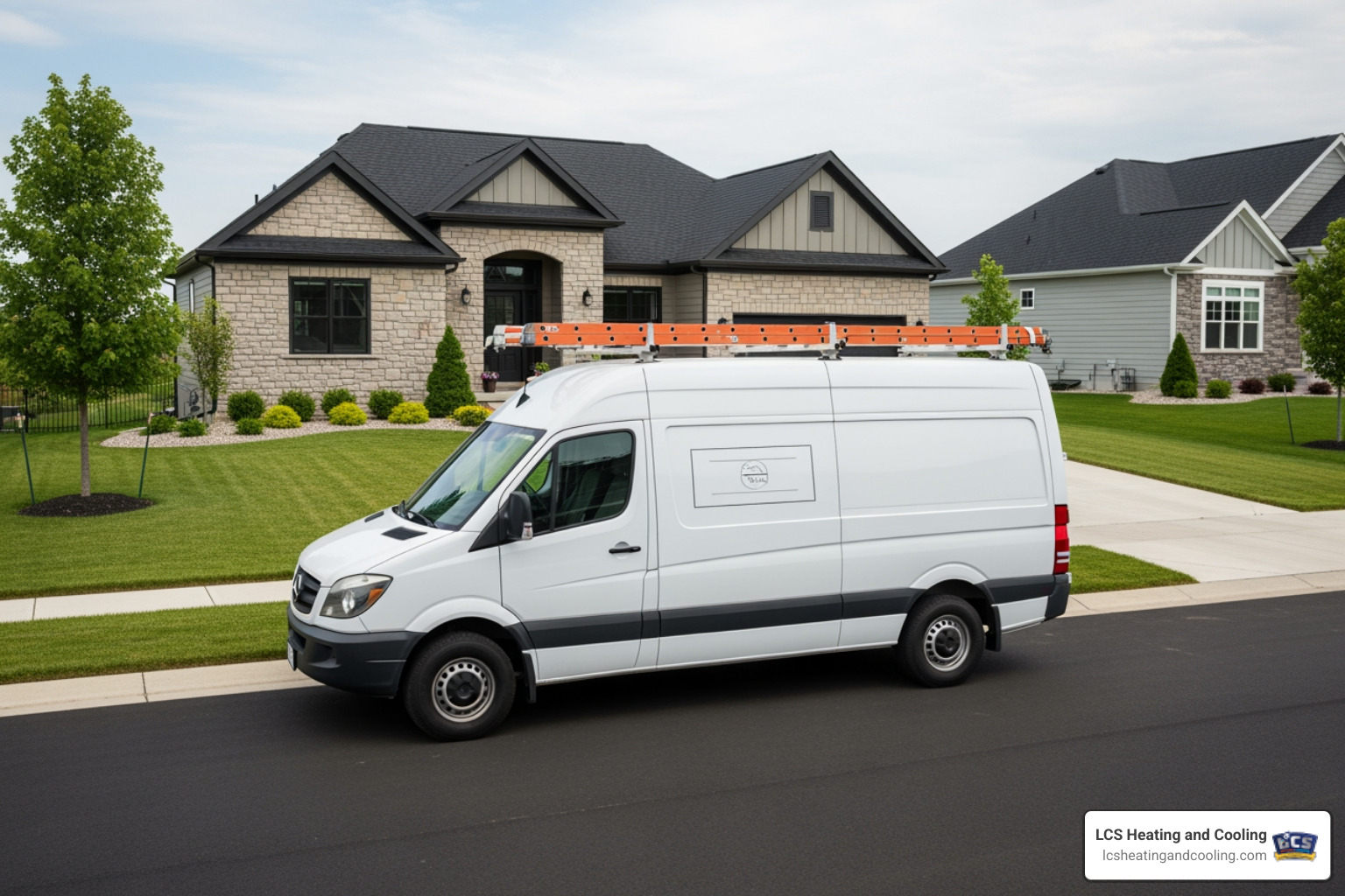 A clean service van parked in a suburban Fishers driveway - "My furnace is broken in Fishers, IN. Who are the best companies for furnace repair?"
