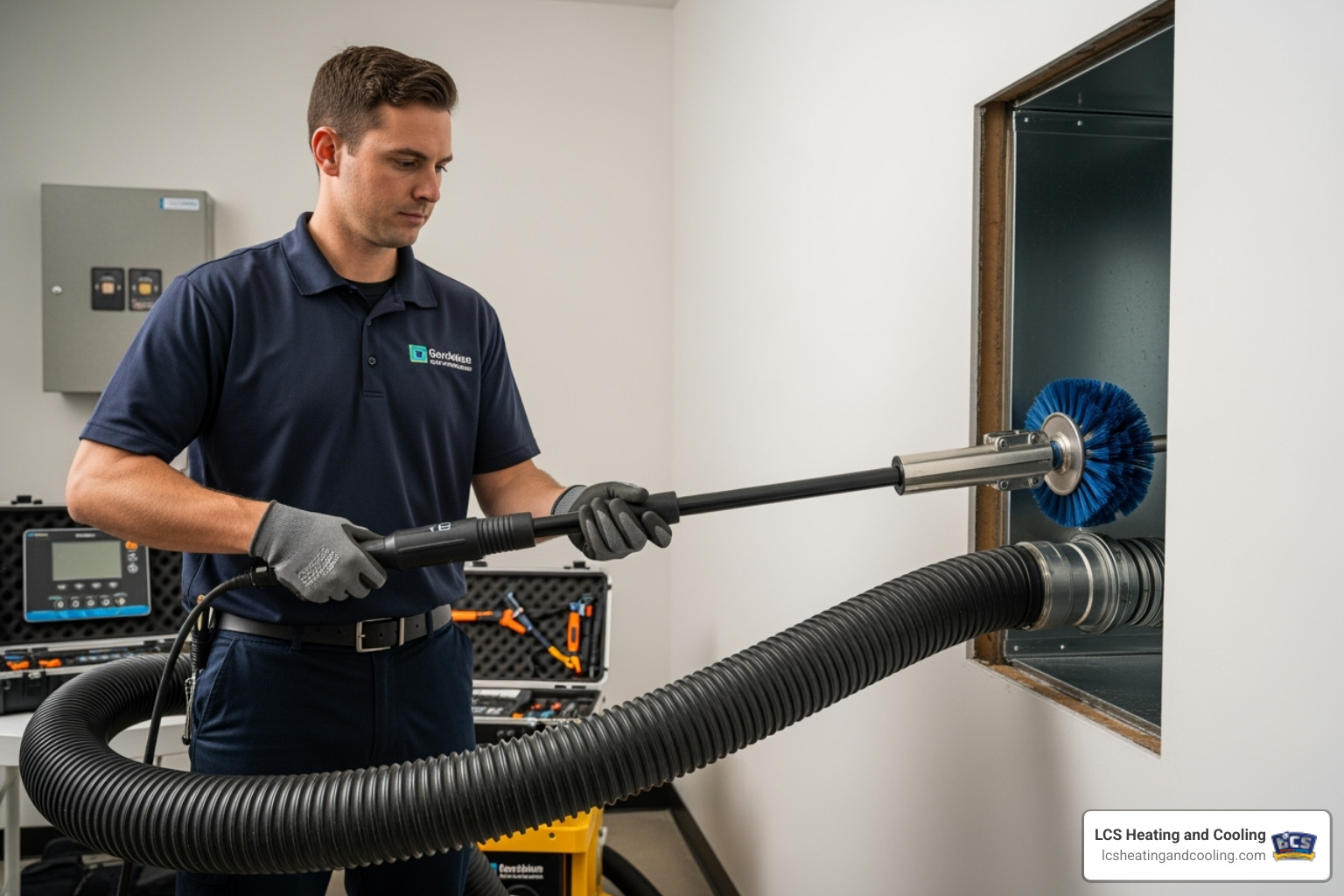 A professional HVAC technician in uniform is operating advanced duct cleaning equipment. A large, powerful vacuum hose is connected to the ductwork, while the technician uses a rotary brush attached to a flexible shaft to clean the interior of the duct. The image emphasizes the specialized tools and expertise involved in professional duct cleaning. - duct cleaning for allergies