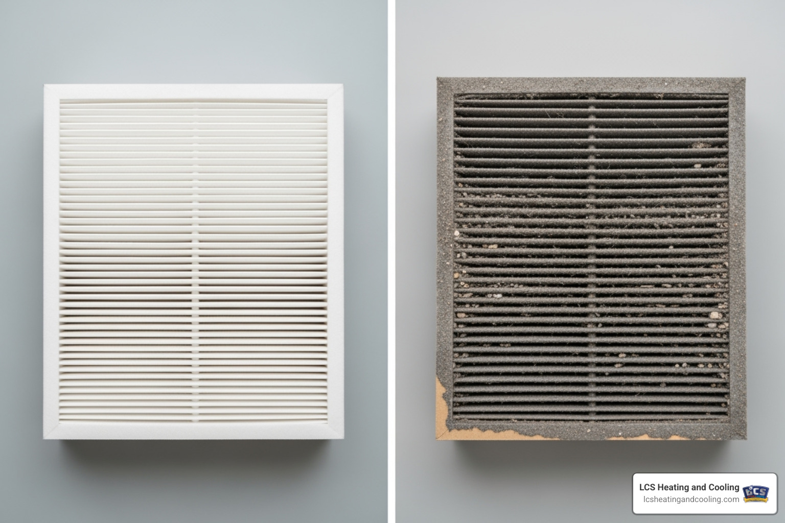 A split image showing two HVAC air filters. One filter is visibly clean and new, while the other is heavily clogged with a thick layer of dust, dirt, and debris, highlighting the difference between an effective and an ineffective filter. - duct cleaning for allergies