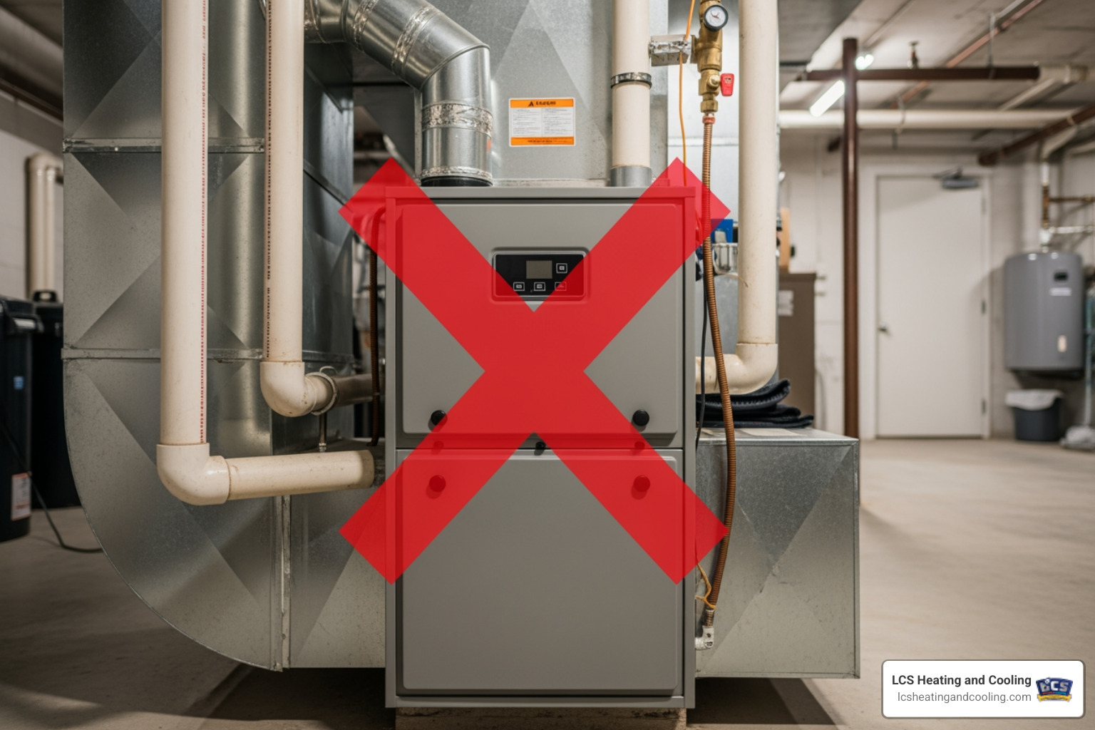 A furnace with a warning icon superimposed, indicating a need for repair - "My furnace in Carmel isn't working. Who provides reliable furnace repair services?"