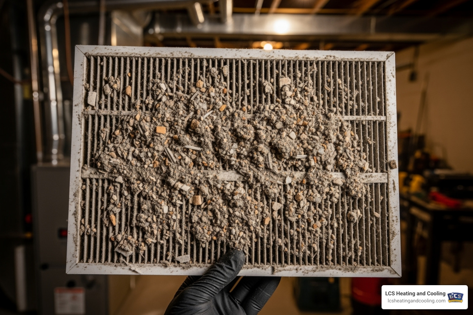 severely clogged HVAC filter - post construction duct cleaning severely clogged HVAC filter - post construction duct cleaning