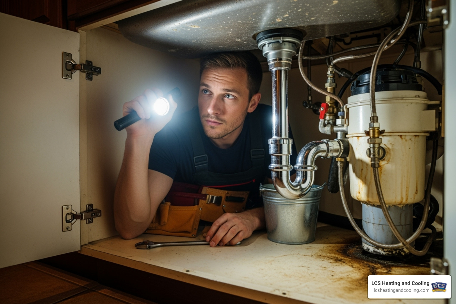 plumber inspecting under a sink with a flashlight - fishers in plumber