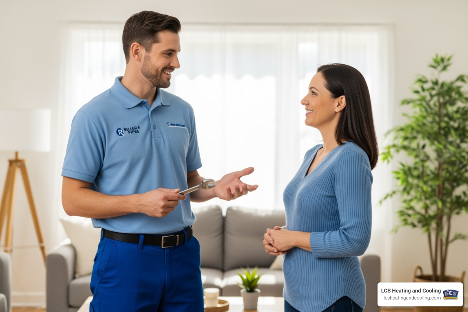 friendly plumber talking with a homeowner - plumber indiana friendly plumber talking with a homeowner - plumber indiana