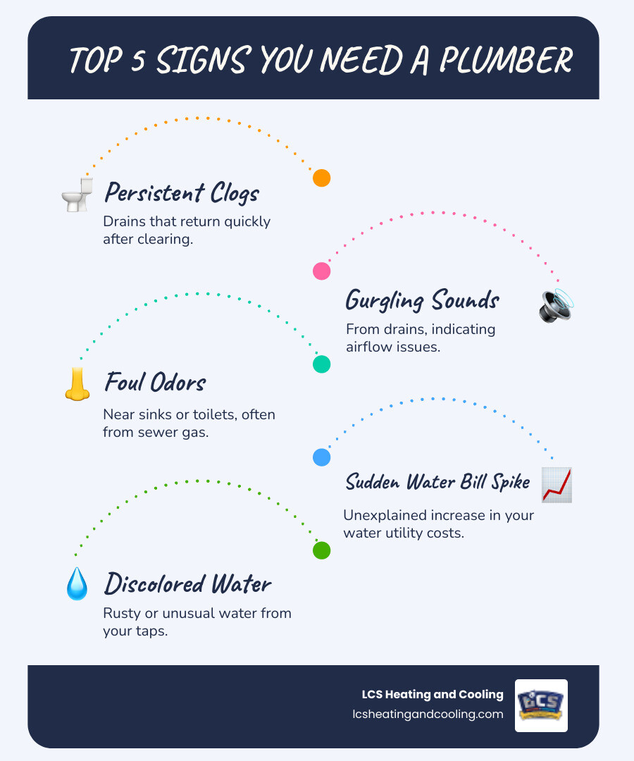 infographic showing the top 5 signs you need a plumber: persistent clogs that return quickly, gurgling sounds from drains, foul odors near sinks or toilets, sudden spike in water bill, and discolored or rusty water from taps - plumber indiana infographic infographic-line-5-steps-blues-accent_colors infographic showing the top 5 signs you need a plumber: persistent clogs that return quickly, gurgling sounds from drains, foul odors near sinks or toilets, sudden spike in water bill, and discolored or rusty water from taps - plumber indiana infographic infographic-line-5-steps-blues-accent_colors