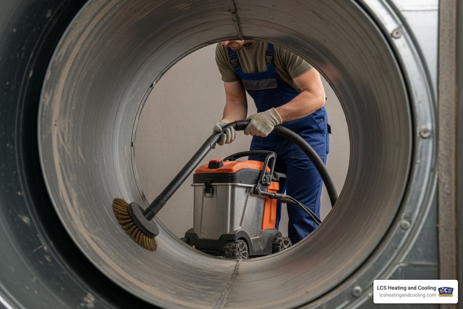 A technician professionally cleaning a main duct line with specialized equipment - air duct cleaning specials A technician professionally cleaning a main duct line with specialized equipment - air duct cleaning specials