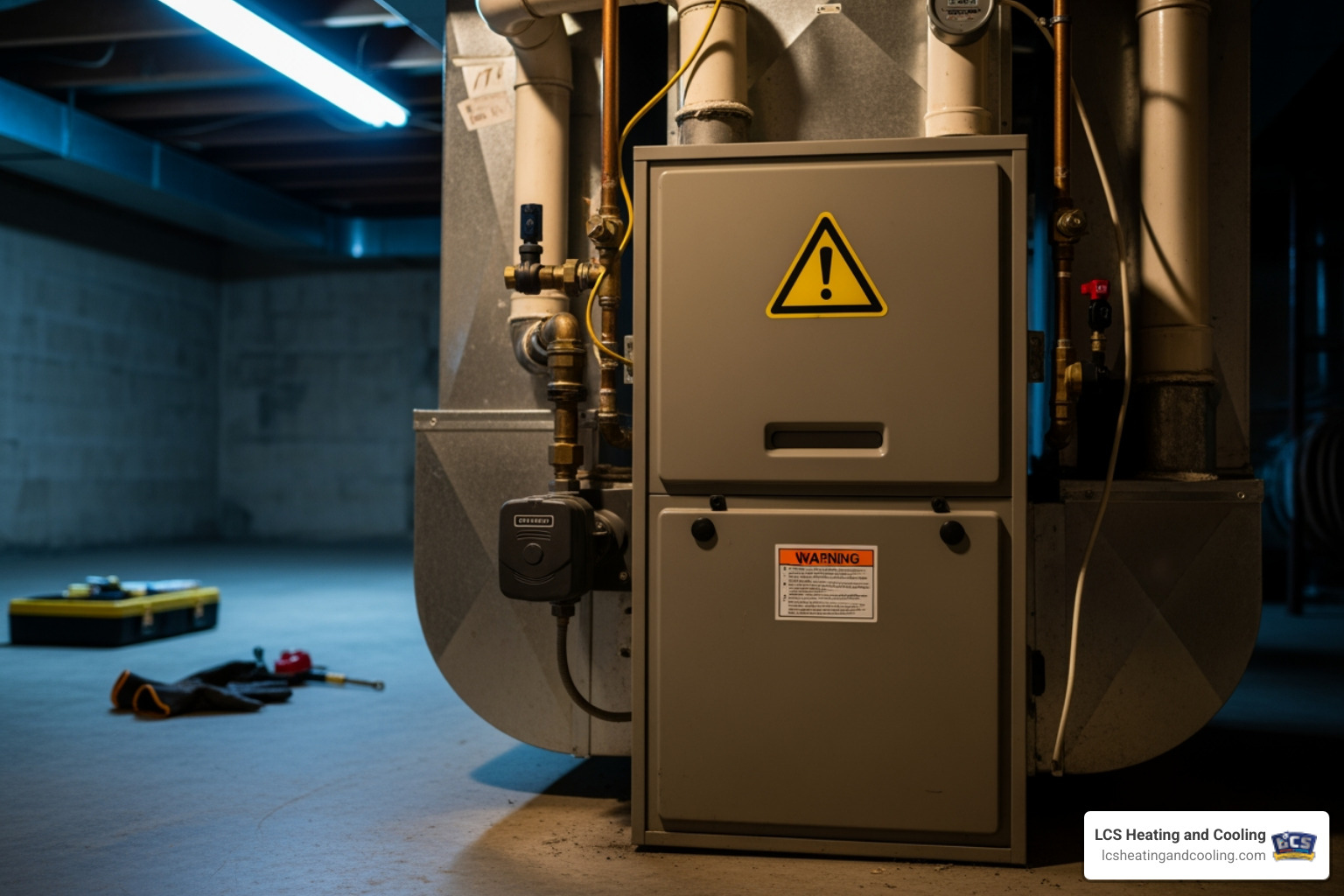 Image of a furnace with a yellow warning triangle icon over it - My furnace is broken and it's freezing. Who does emergency repairs in Zionsville? Image of a furnace with a yellow warning triangle icon over it - My furnace is broken and it's freezing. Who does emergency repairs in Zionsville?