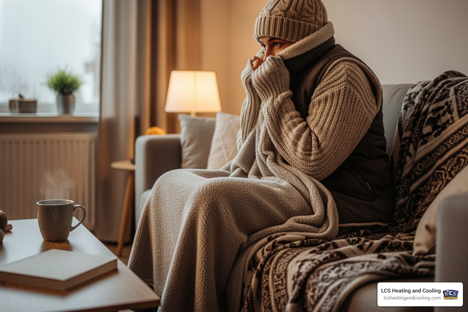 Image of a person adding layers of clothing and blankets indoors - My furnace is broken and it's freezing. Who does emergency repairs in Zionsville? Image of a person adding layers of clothing and blankets indoors - My furnace is broken and it's freezing. Who does emergency repairs in Zionsville?