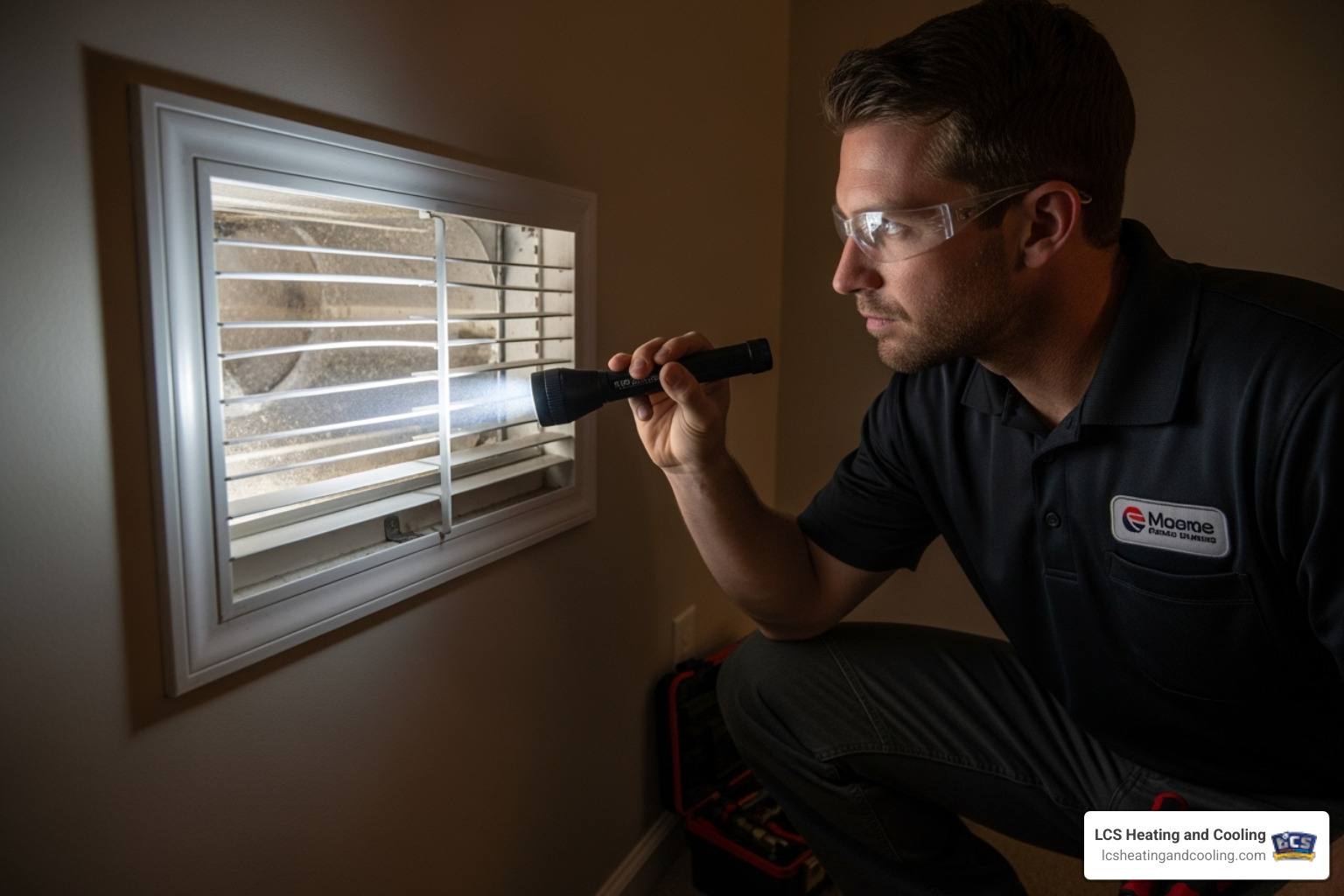 technician inspecting air vent with flashlight - duct and dryer vent cleaning