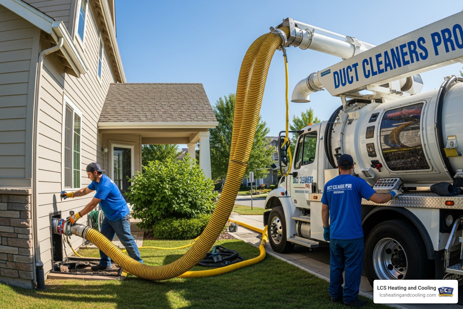 powerful truck-mounted vacuum hose connected to a home's duct system - duct and dryer vent cleaning