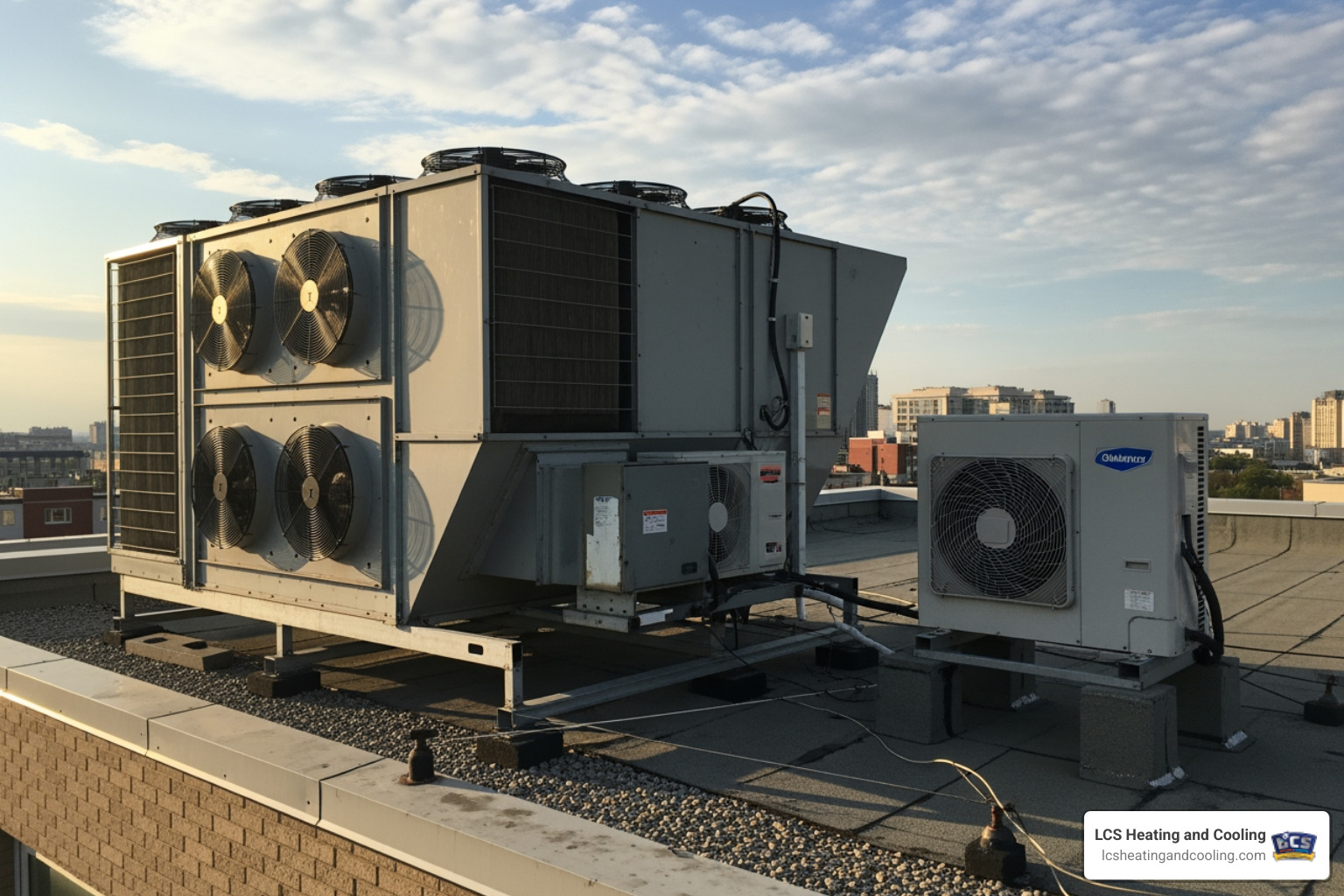 large commercial rooftop HVAC unit compared to smaller residential unit - commercial duct cleaning Indianapolis large commercial rooftop HVAC unit compared to smaller residential unit - commercial duct cleaning Indianapolis