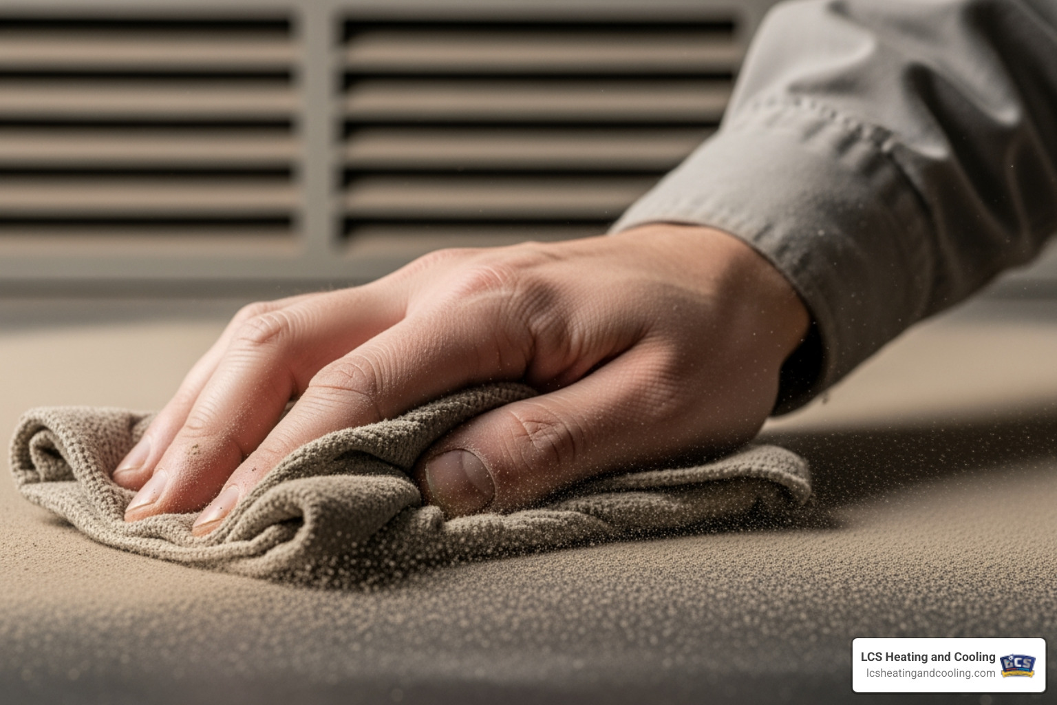 hand wiping a thick layer of dust from a surface near a vent - reliable duct cleaning company hand wiping a thick layer of dust from a surface near a vent - reliable duct cleaning company