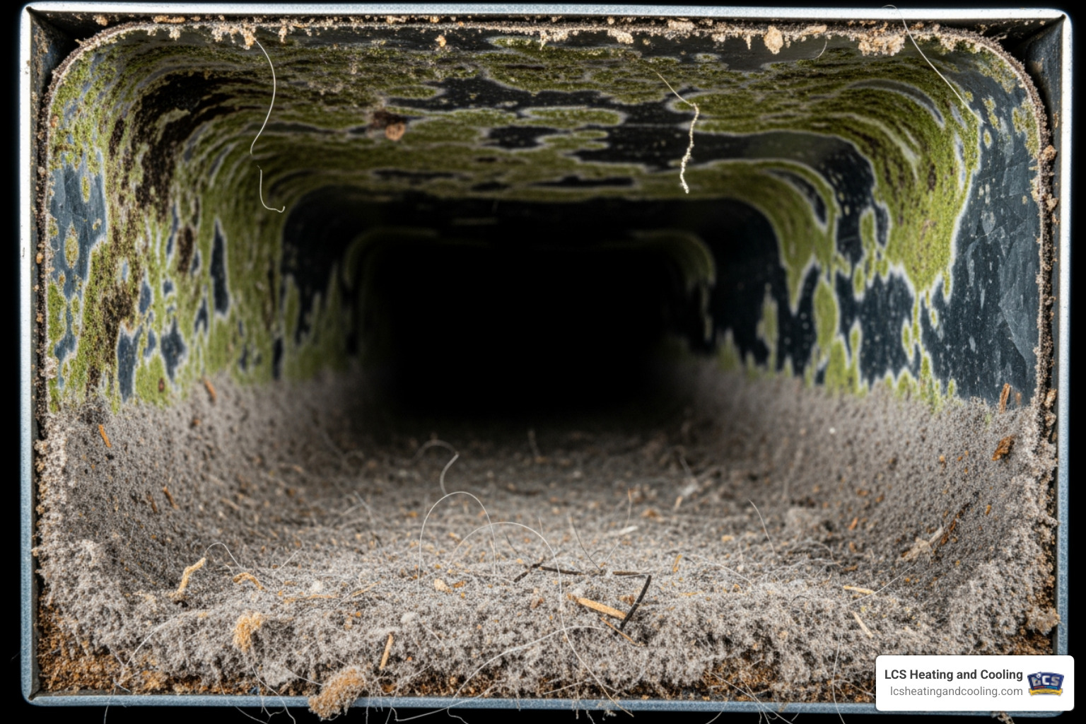 cross-section of a dirty air duct showing dust, pet dander, and mold - reliable duct cleaning company cross-section of a dirty air duct showing dust, pet dander, and mold - reliable duct cleaning company