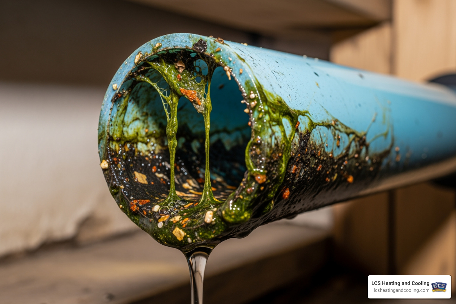 Image of a clogged PVC condensate drain line with visible gunk - hvac leaking water in greenwood in Image of a clogged PVC condensate drain line with visible gunk - hvac leaking water in greenwood in