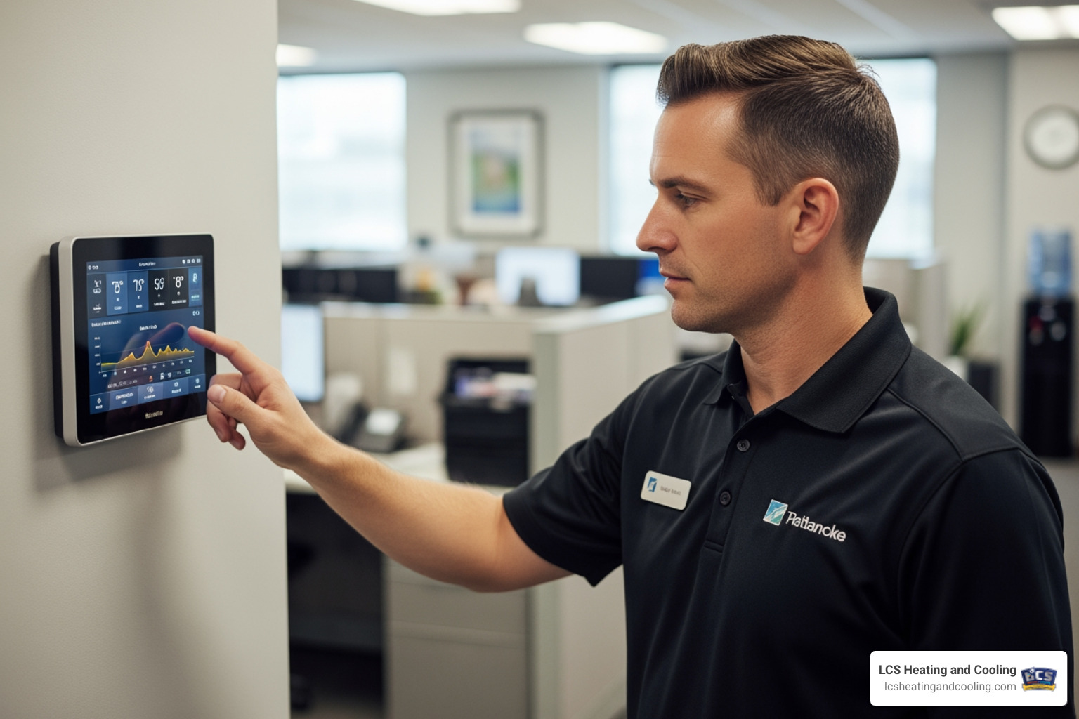 person checking a commercial thermostat - commercial hvac system blowing cold air in westfield in person checking a commercial thermostat - commercial hvac system blowing cold air in westfield in