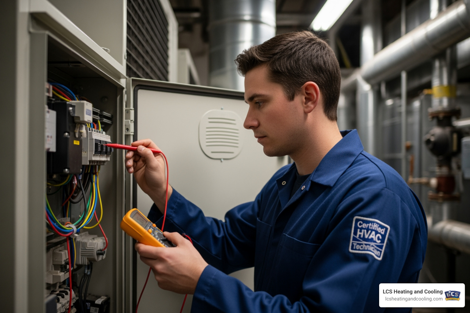 technician working on a control panel with a certification logo visible - certified commercial hvac system technician in carmel in
