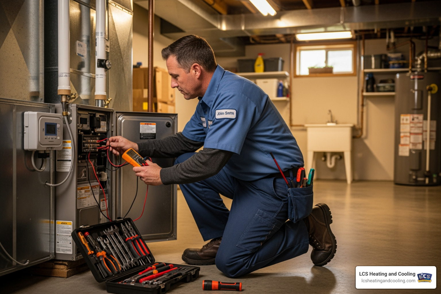 A technician servicing a modern furnace - certified heating technician in carmel in