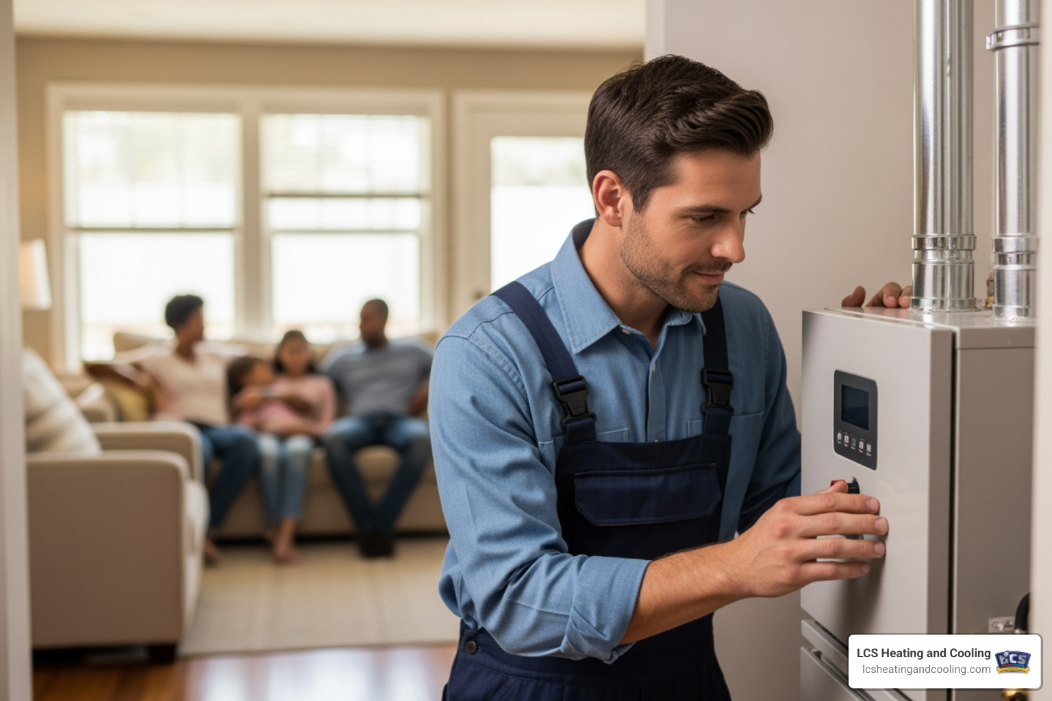 Infographic showing five key benefits of hiring a certified heating technician: a shield icon representing safety and proper gas leak detection, a gear icon for expert diagnostics and accurate repairs, a dollar sign with downward arrow showing lower energy bills through efficient service, a calendar with checkmark indicating extended equipment lifespan, and a home with heart symbol representing peace of mind and warranty protection - certified heating technician in carmel in