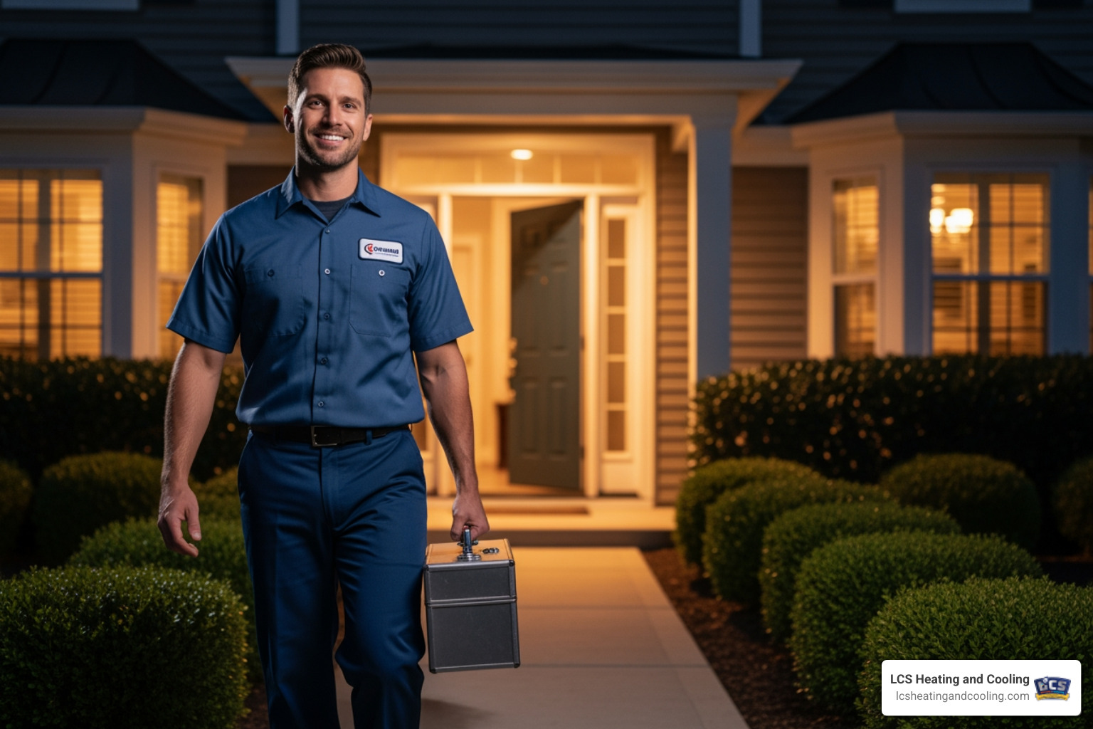 Friendly technician arriving at a home at night - 24/7 heating repair in fishers in