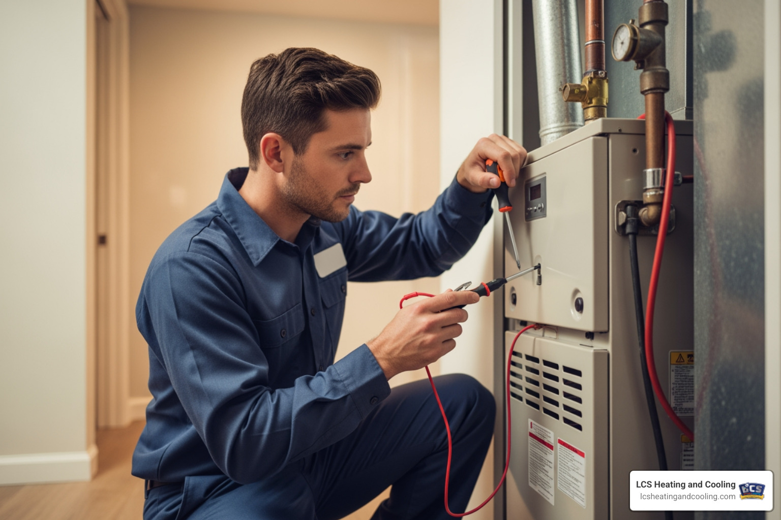 Technician performing a furnace tune-up - 24/7 heating repair in fishers in
