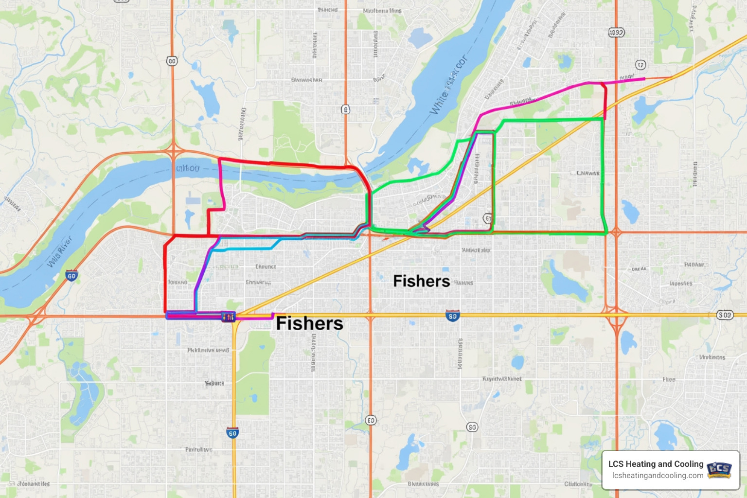 Map of Fishers, IN with service routes highlighted - 24/7 heating repair in fishers in