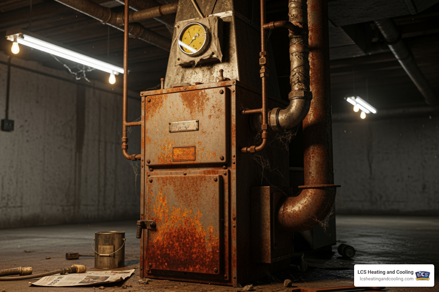 An old, rusted furnace unit in a dimly lit basement - heating replacement in greenwood in
