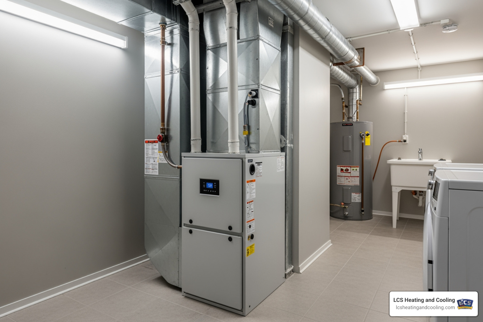 A sleek, modern high-efficiency furnace unit in a clean utility room - heating replacement in greenwood in