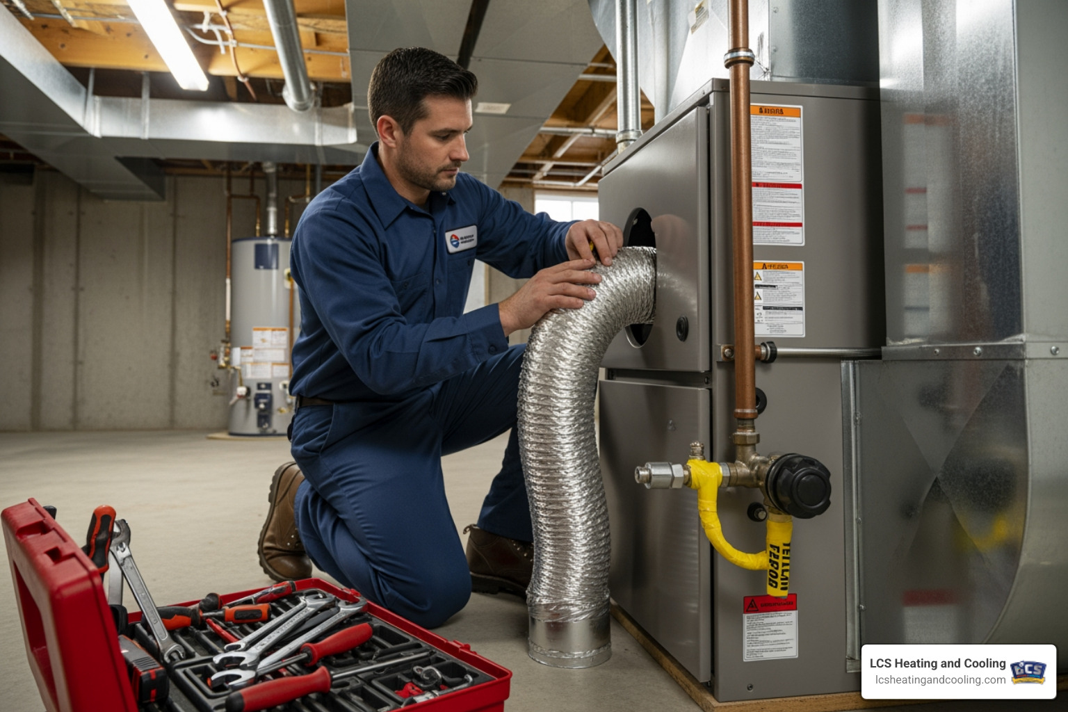 A certified HVAC technician carefully installing a new furnace unit, connecting ducts - heating replacement in greenwood in
