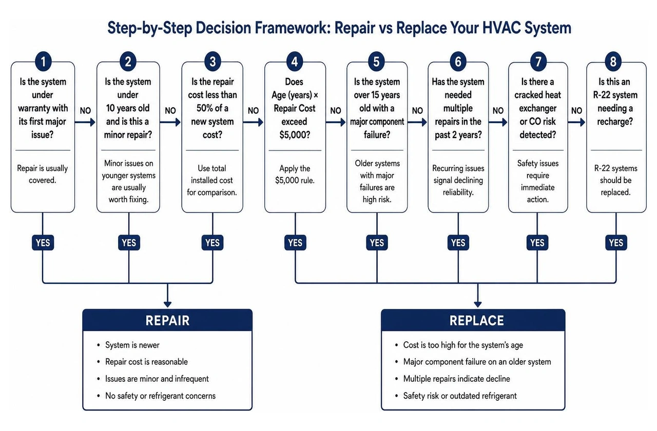 Step-by-step decision framework for repairing vs replacing an HVAC system Step-by-step decision framework for repairing vs replacing an HVAC system