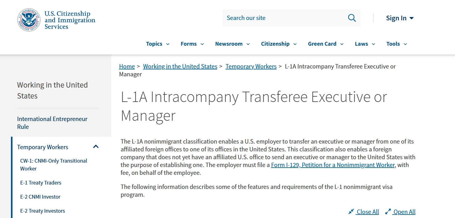 L-1A Intracompany Transferee Executive or Manager