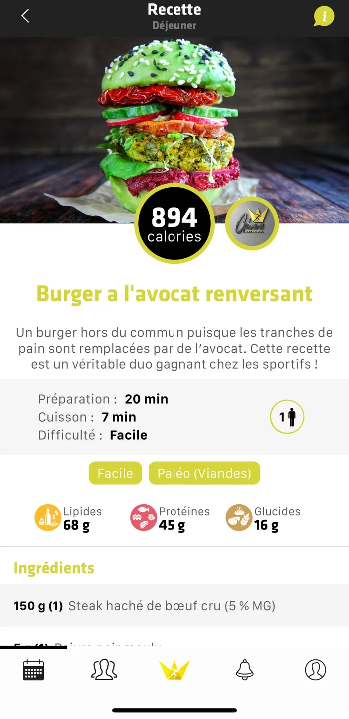 Écran de l’application GBS ONLINE : fiche recette avec calories, protéines, glucides, lipides et ingrédients