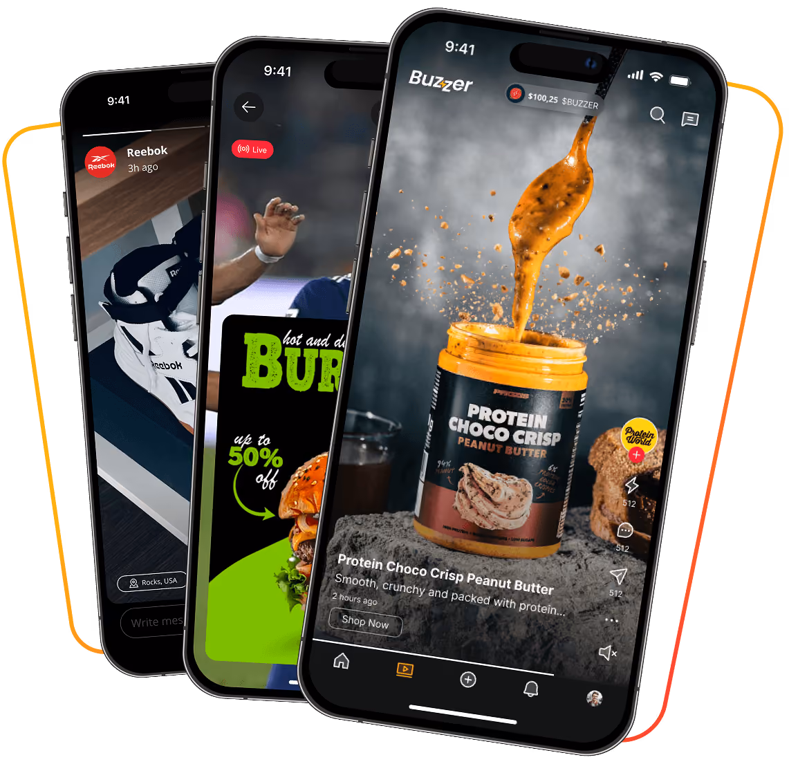 Three smartphones displaying ads: protein peanut butter, burger deal, and Reebok sneakers.