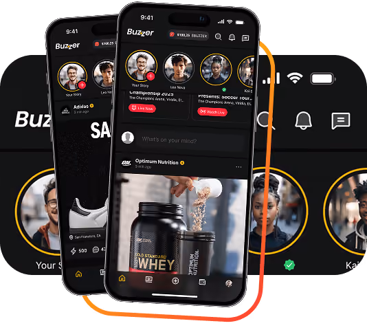 Two smartphones showing a social media app with stories, posts, and a protein supplement ad.