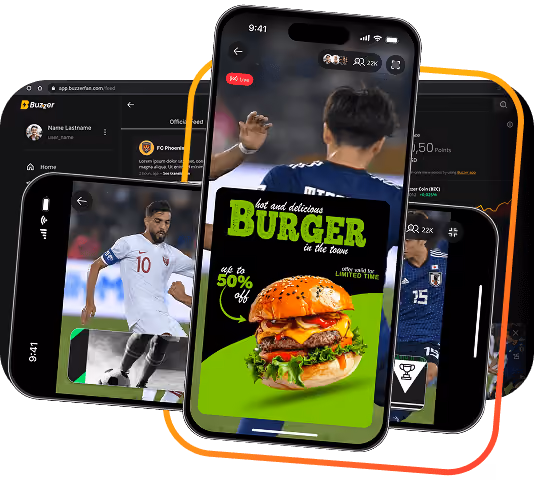 Smartphone screens showing a soccer match and a burger ad offering up to 50% off for a limited time.