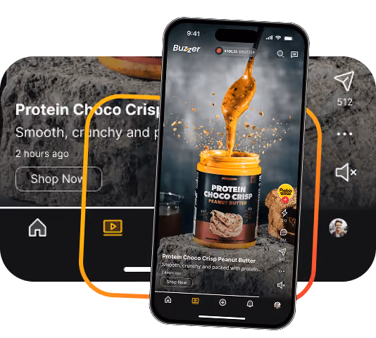 Smartphone showing Protein Choco Crisp Peanut Butter jar with peanut butter dripping from a spoon.